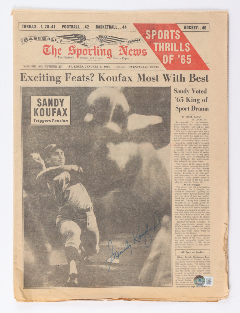 Sandy Koufax Signed 1996 "The Sporting News" Full Newspaper (Beckett) at PristineAuction.com Sandy Koufax Signed 1996 "The Sporting News" Full Newspaper (Beckett) at PristineAuction.com