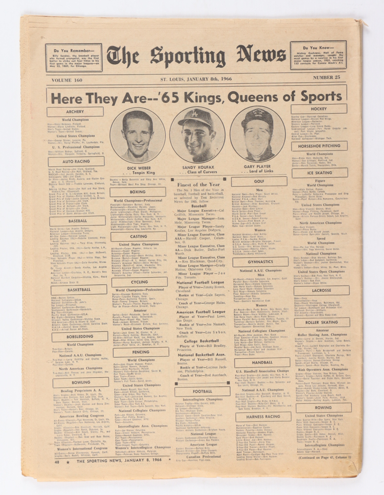 Sandy Koufax Signed 1996 "The Sporting News" Full Newspaper (Beckett) at PristineAuction.com Sandy Koufax Signed 1996 "The Sporting News" Full Newspaper (Beckett) at PristineAuction.com