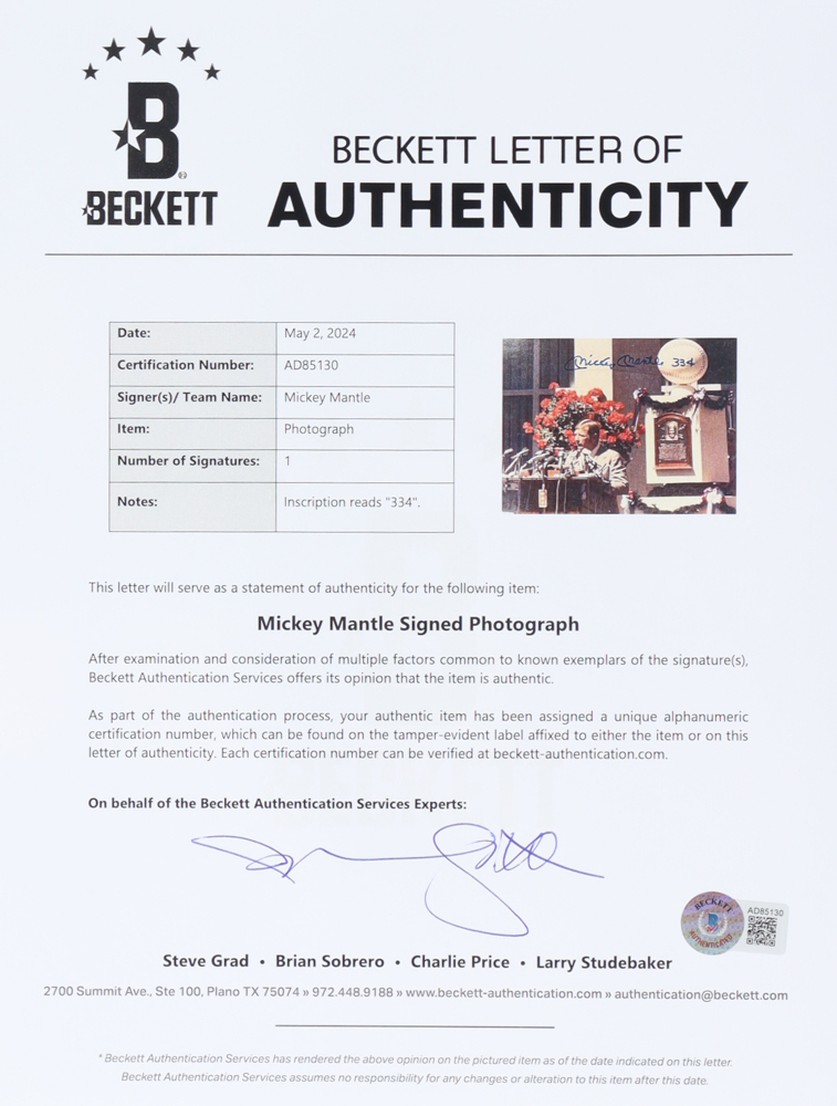 Mickey Mantle Signed Yankees 8x10 Photo with Wooden Plaque Display Inscribed "334" (Beckett) at PristineAuction.com Mickey Mantle Signed Yankees 8x10 Photo with Wooden Plaque Display Inscribed "334" (Beckett) at PristineAuction.com