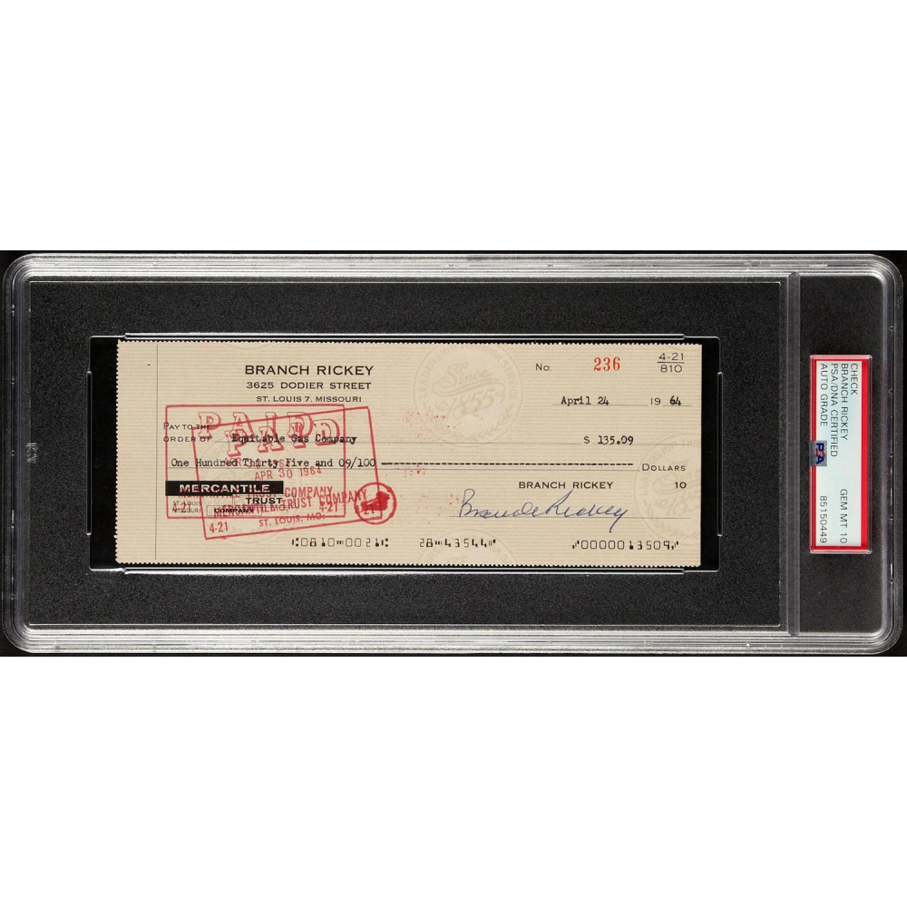 Branch Rickey Signed 1964 Personal Bank Check (PSA | Autograph Graded ...