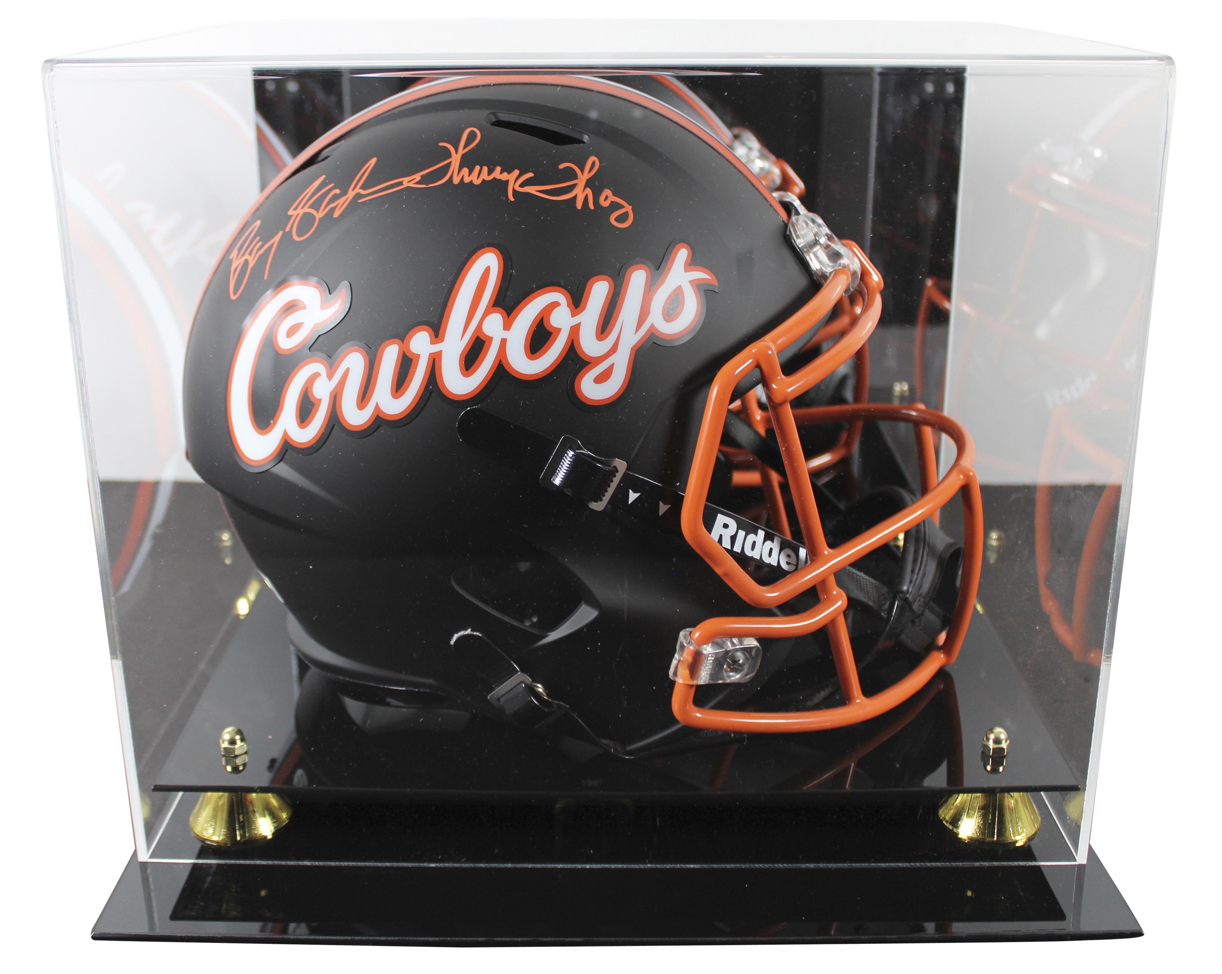 Barry Sanders & Thurman Thomas Signed Oklahoma State Cowboys Full-Size Speed Helmet with Display Case (Beckett) at PristineAuction.com Barry Sanders & Thurman Thomas Signed Oklahoma State Cowboys Full-Size Speed Helmet with Display Case (Beckett) at PristineAuction.com