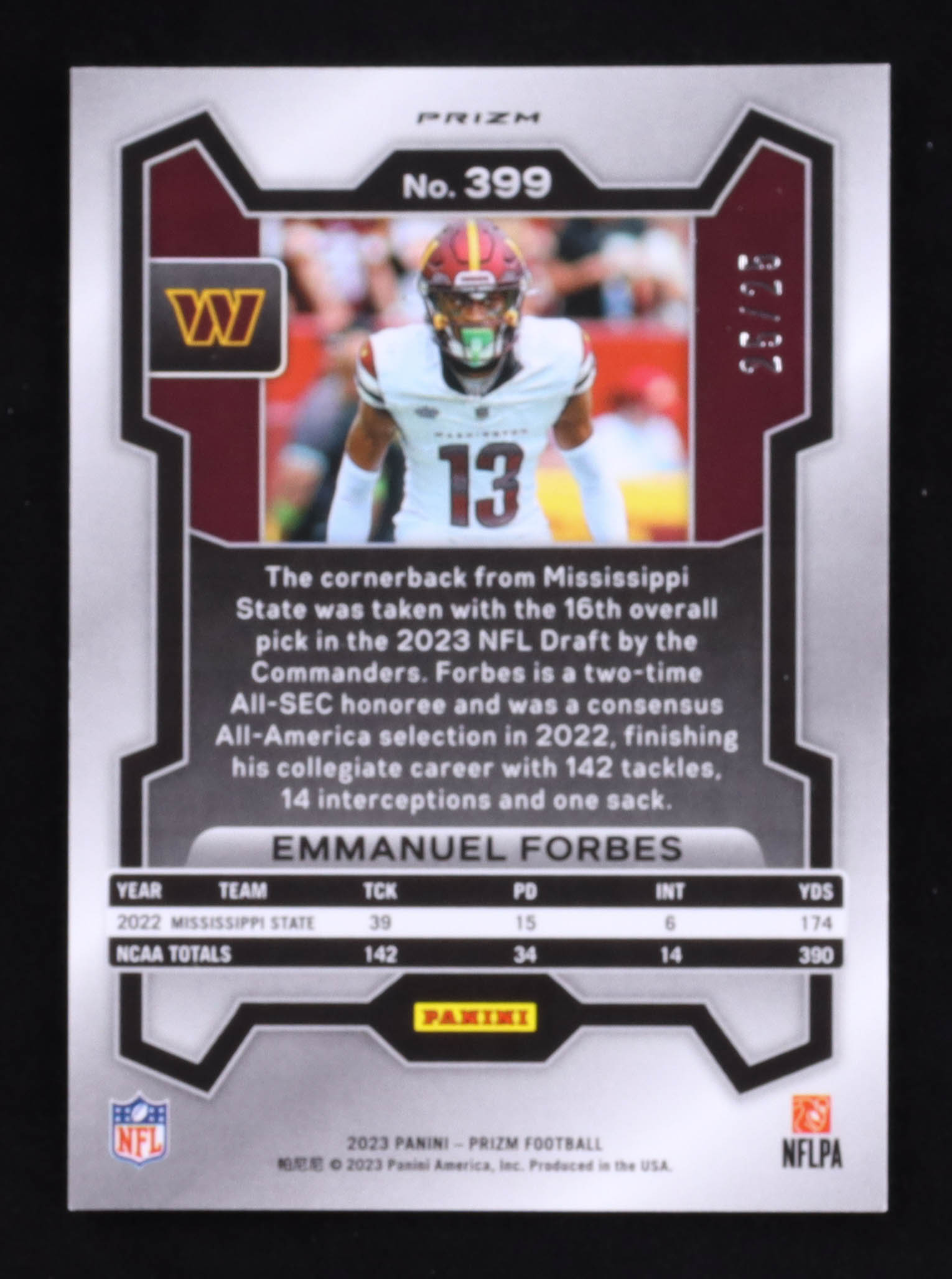 Emmanuel Forbes 2023 Panini Prizm Prizms Blue Shimmer #399 RC #25/25 at PristineAuction.com Emmanuel Forbes 2023 Panini Prizm Prizms Blue Shimmer #399 RC #25/25 at PristineAuction.com