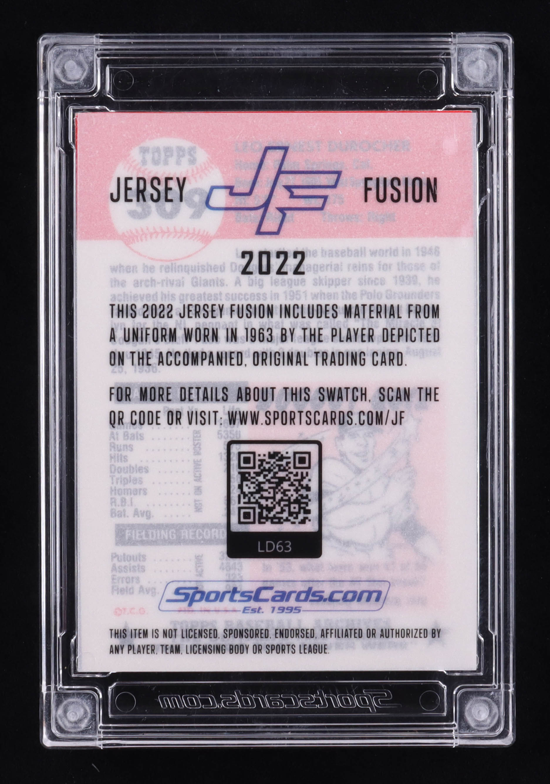 Leo Durocher 2022 Sportscards.com Jersey Fusion Game-Used Swatch #LD63 at PristineAuction.com Leo Durocher 2022 Sportscards.com Jersey Fusion Game-Used Swatch #LD63 at PristineAuction.com