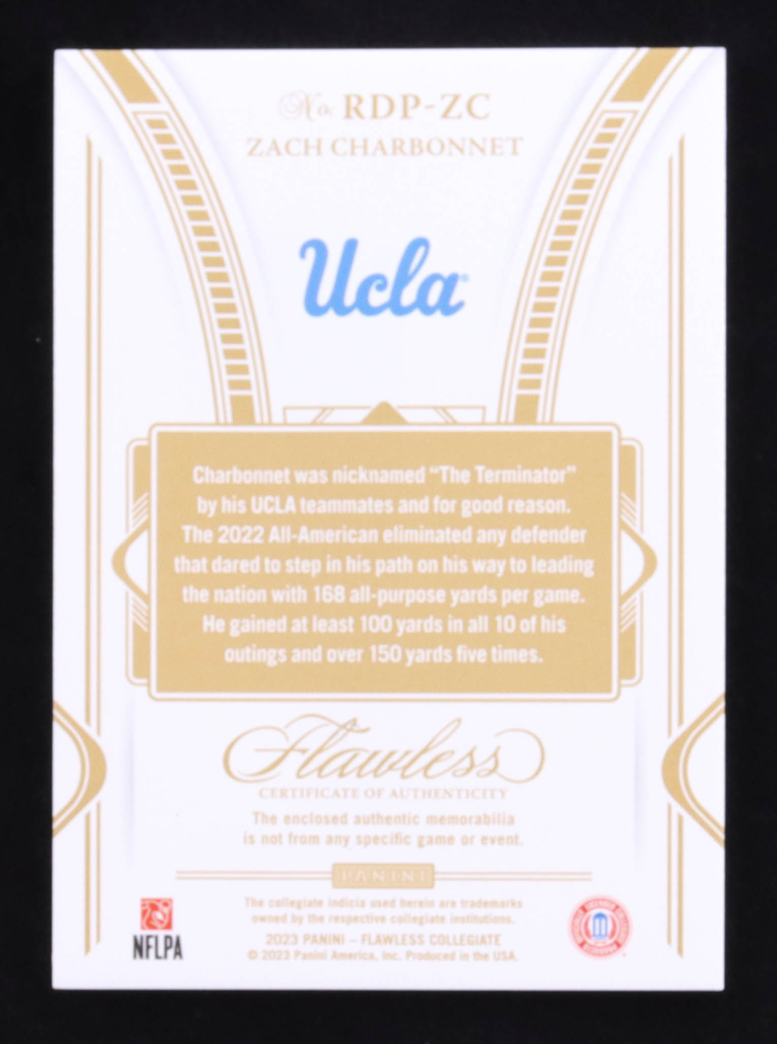 Zach Charbonnet 2023 Panini Flawless Collegiate Rookie Dual Patches #24 RC #07/25 at PristineAuction.com Zach Charbonnet 2023 Panini Flawless Collegiate Rookie Dual Patches #24 RC #07/25 at PristineAuction.com