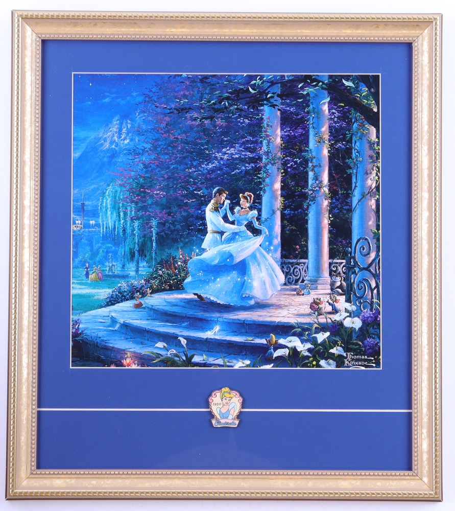 Thomas Kinkade "Cinderella" Custom Framed Print Display with 1950 Cinderella Pin at PristineAuction.com Thomas Kinkade "Cinderella" Custom Framed Print Display with 1950 Cinderella Pin at PristineAuction.com