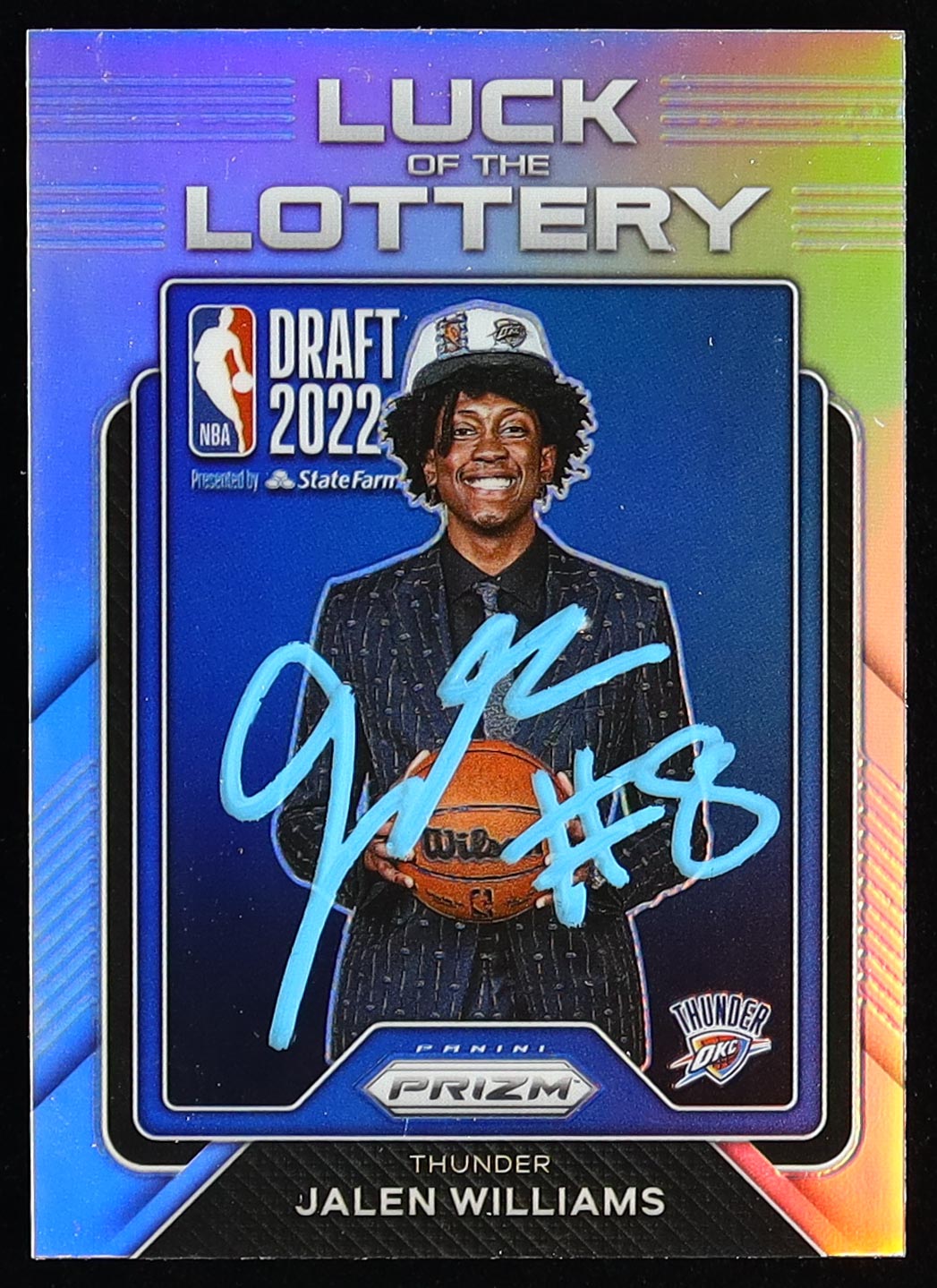 Jalen Williams Signed 2022-23 Panini Prizm Luck of the Lottery Prizms Silver #1 RC (PSA) at PristineAuction.com Jalen Williams Signed 2022-23 Panini Prizm Luck of the Lottery Prizms Silver #1 RC (PSA) at PristineAuction.com