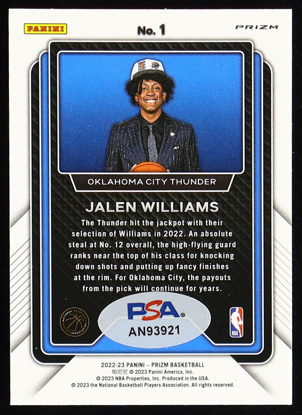 Jalen Williams Signed 2022-23 Panini Prizm Luck of the Lottery Prizms Silver #1 RC (PSA) at PristineAuction.com Jalen Williams Signed 2022-23 Panini Prizm Luck of the Lottery Prizms Silver #1 RC (PSA) at PristineAuction.com