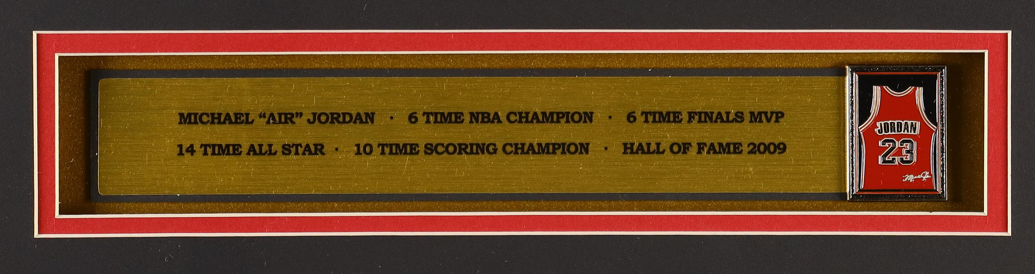 Michael Jordan Custom Framed Jersey Display with #23 Jersey Retirement Pin & (2) Cloth Player Number Logo Patches at PristineAuction.com Michael Jordan Custom Framed Jersey Display with #23 Jersey Retirement Pin & (2) Cloth Player Number Logo Patches at PristineAuction.com