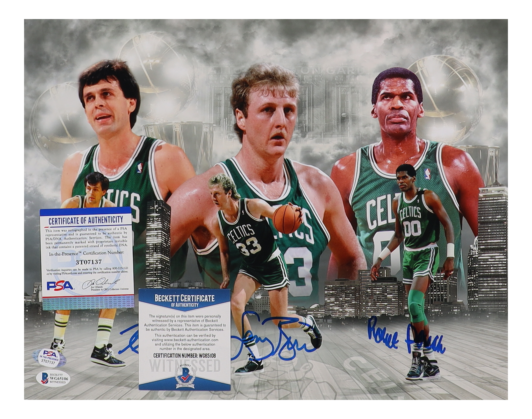 Kevin McHale, Larry Bird & Robert Parrish Signed Celtics 11x14 Photo (Beckett & PSA) at PristineAuction.com Kevin McHale, Larry Bird & Robert Parrish Signed Celtics 11x14 Photo (Beckett & PSA) at PristineAuction.com
