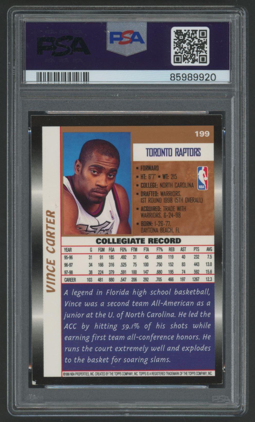 Vince Carter Signed 1998-99 Topps #199 RC (PSA) at PristineAuction.com Vince Carter Signed 1998-99 Topps #199 RC (PSA) at PristineAuction.com