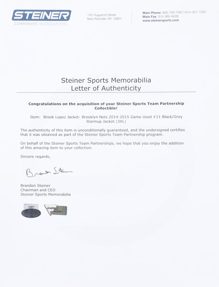 Brook Lopez Game-Used Nets Warm-Up Set (Steiner & Fanatics) at PristineAuction.com Brook Lopez Game-Used Nets Warm-Up Set (Steiner & Fanatics) at PristineAuction.com
