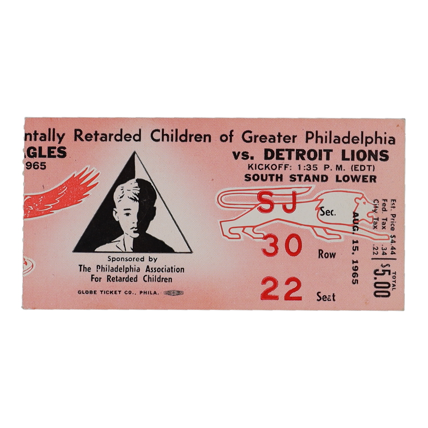 August 15, 1965 Philadelphia Eagles vs. Detroit Lions Ticket at PristineAuction.com August 15, 1965 Philadelphia Eagles vs. Detroit Lions Ticket at PristineAuction.com