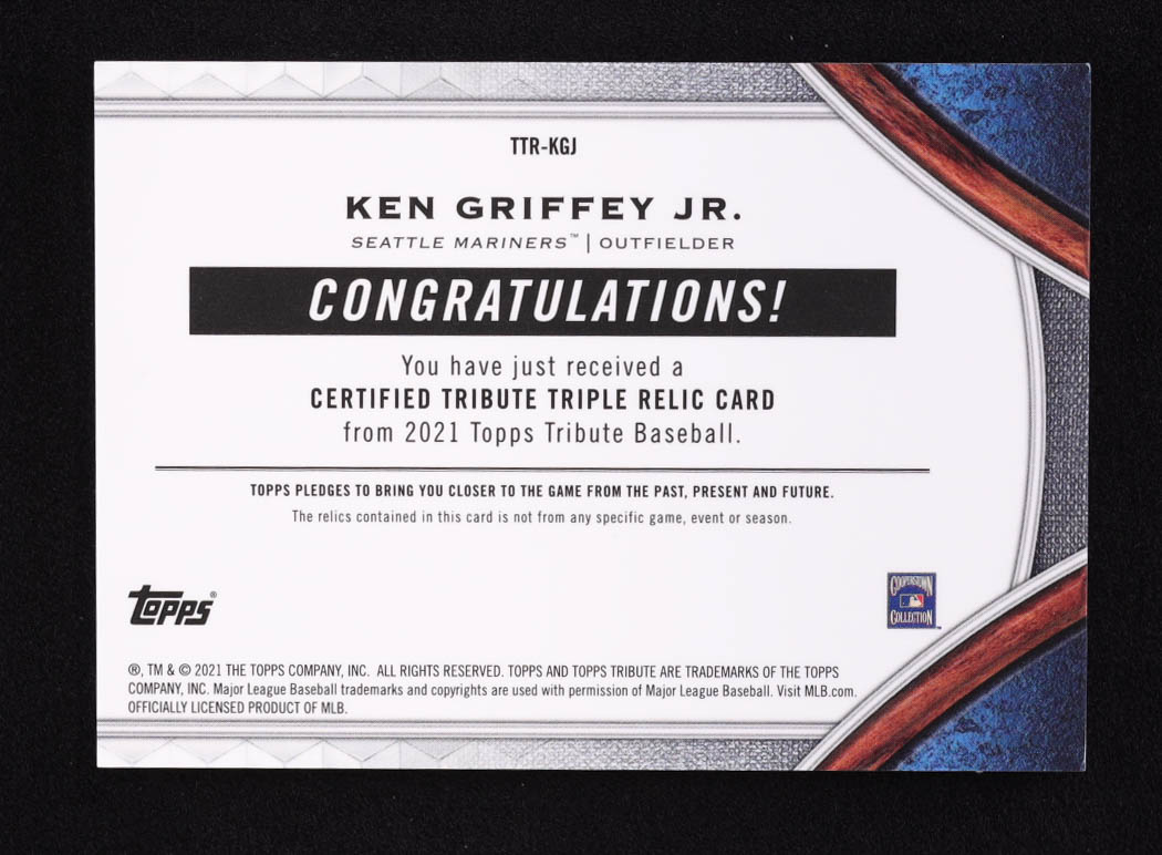 Ken Griffey Jr. 2021 Topps Tribute Triple Relics Purple #TTRKGJ #21/50 at PristineAuction.com Ken Griffey Jr. 2021 Topps Tribute Triple Relics Purple #TTRKGJ #21/50 at PristineAuction.com
