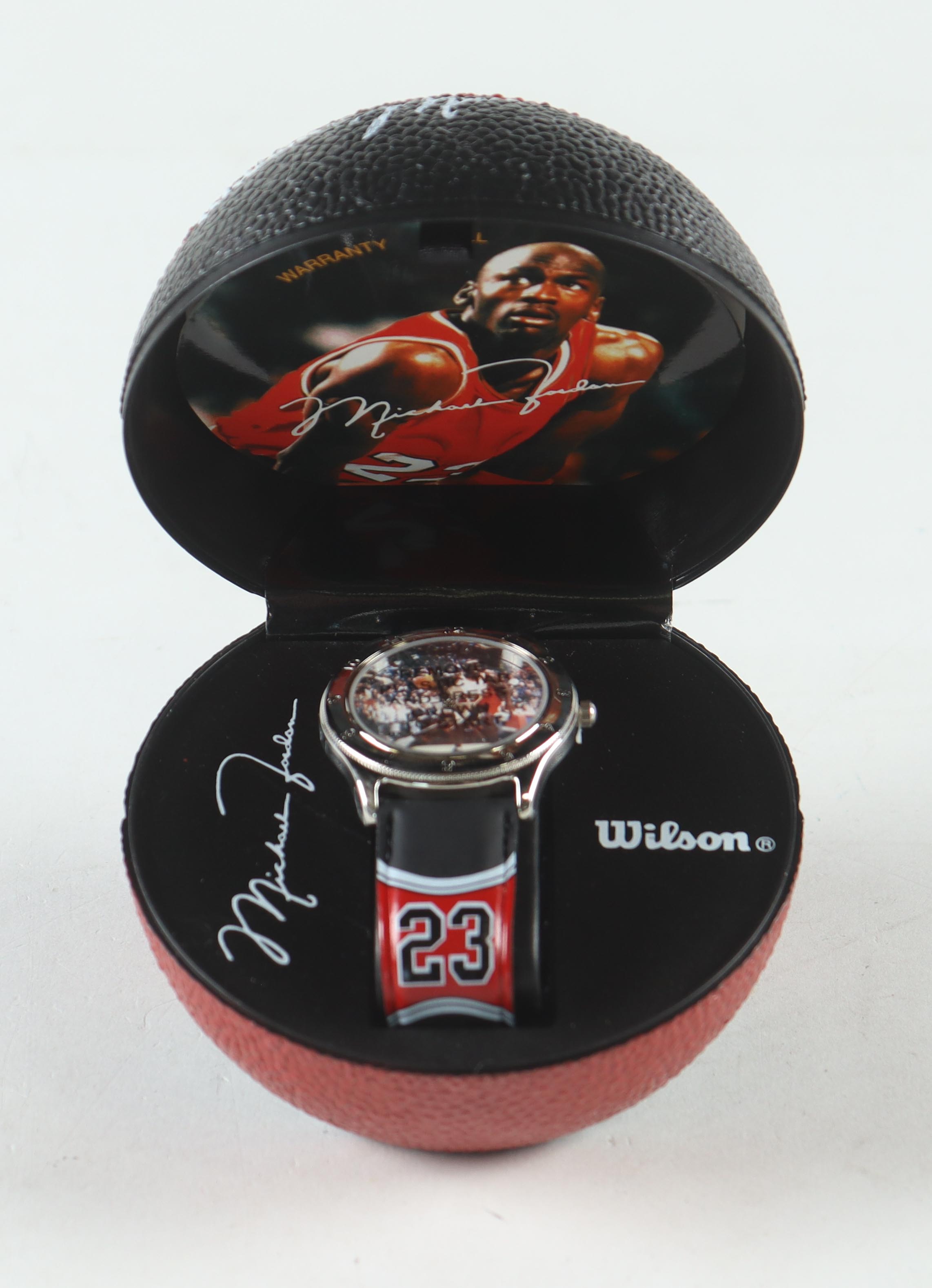 Michael Jordan Wilson Commemorative Watch in Original Mini Basketball Display Case at PristineAuction.com Michael Jordan Wilson Commemorative Watch in Original Mini Basketball Display Case at PristineAuction.com