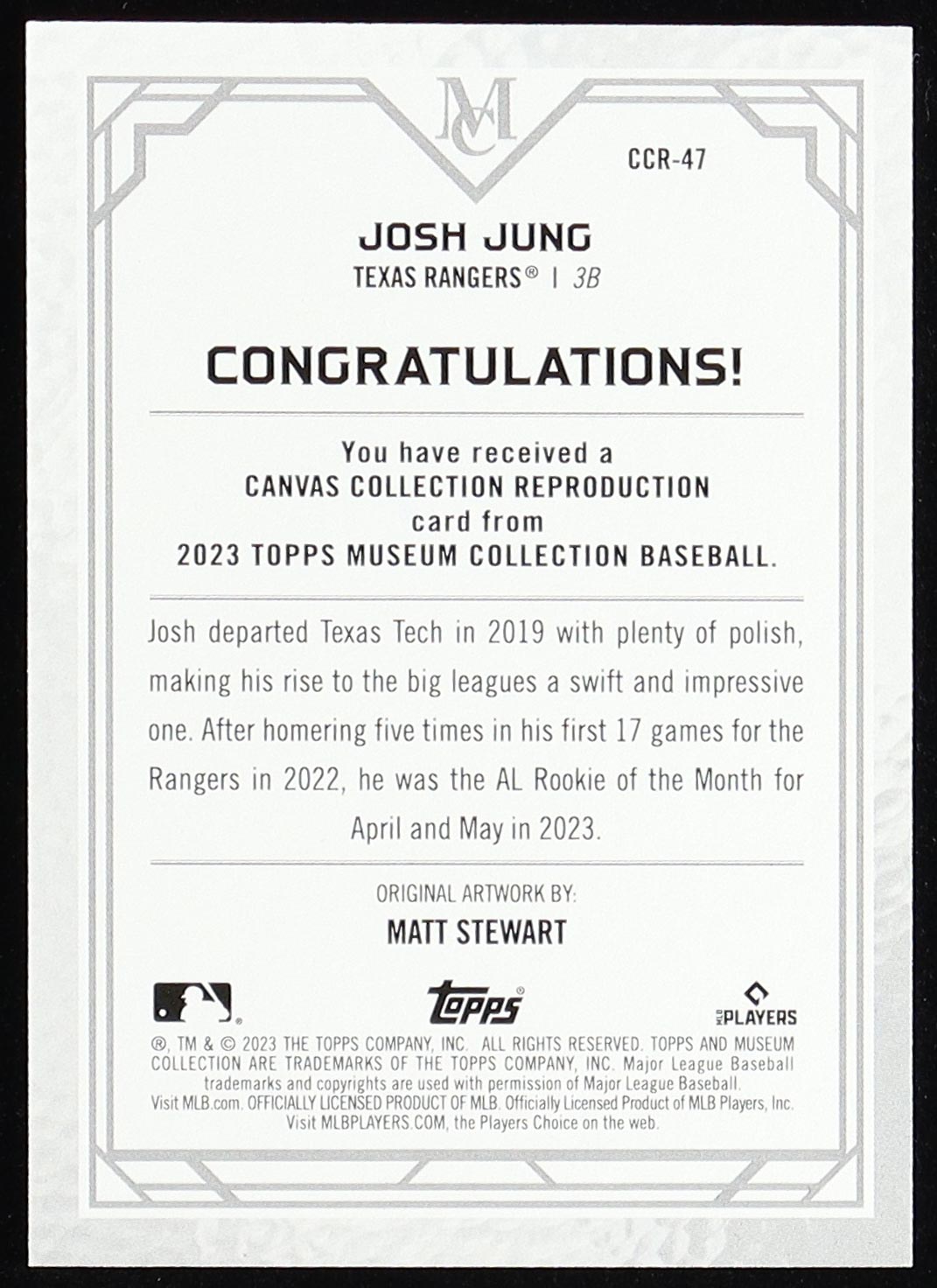 Josh Jung 2023 Topps Museum Collection Canvas Collection Reprints #CCR47 RC at PristineAuction.com Josh Jung 2023 Topps Museum Collection Canvas Collection Reprints #CCR47 RC at PristineAuction.com
