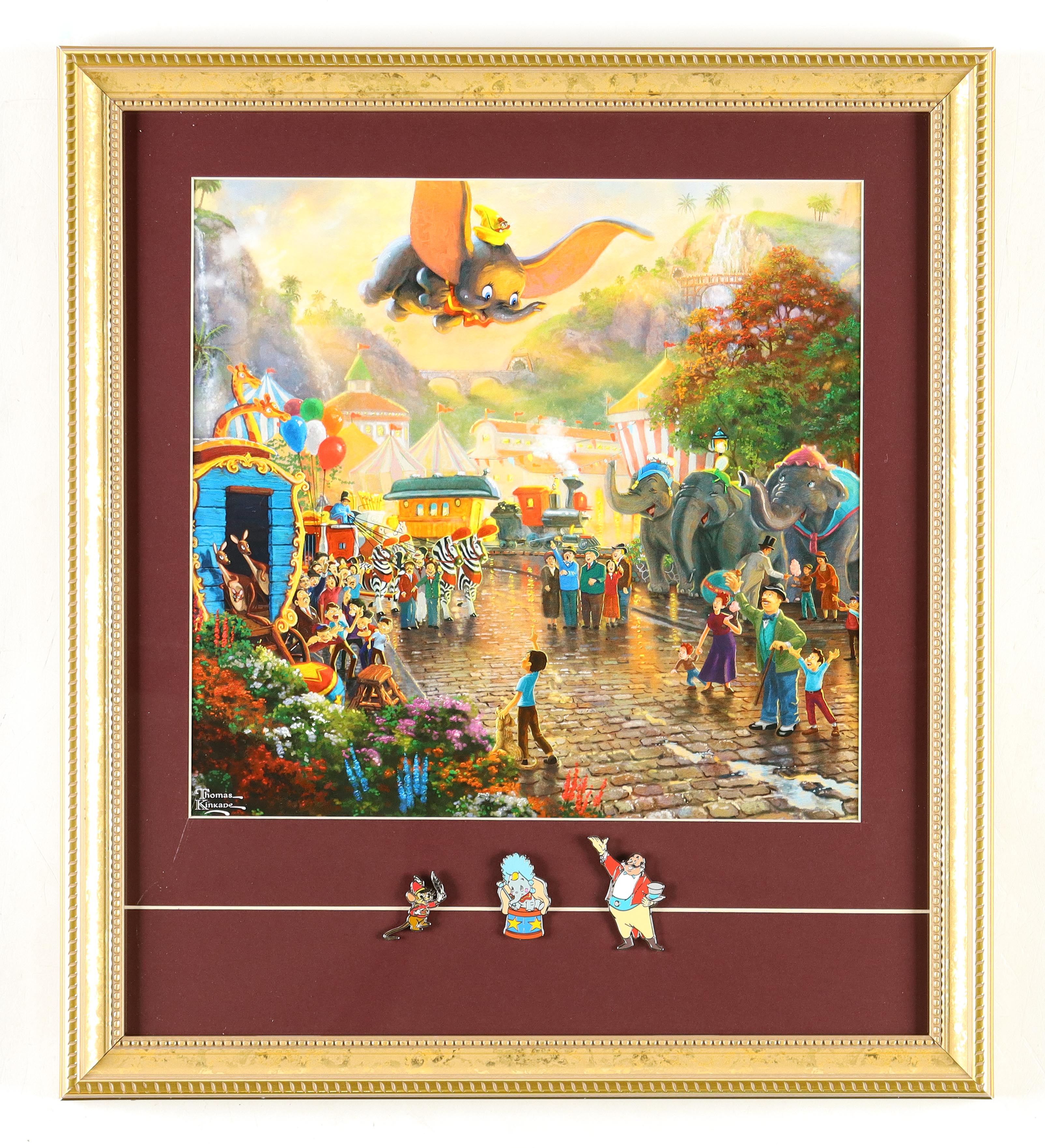 Thomas Kinkade "Dumbo" Custom Framed Print Display with (3) Character Pins at PristineAuction.com Thomas Kinkade "Dumbo" Custom Framed Print Display with (3) Character Pins at PristineAuction.com