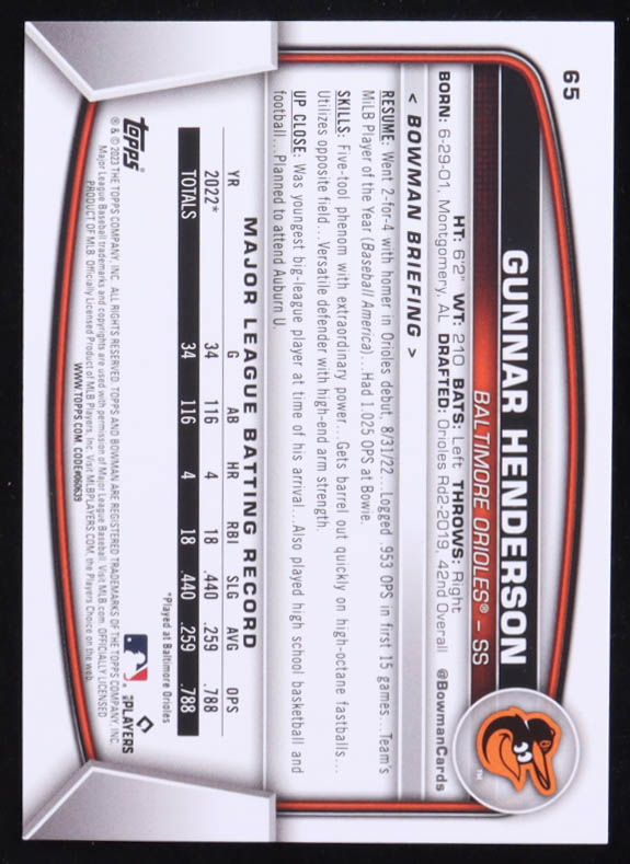 Gunnar Henderson 2023 Bowman #65 RC at PristineAuction.com Gunnar Henderson 2023 Bowman #65 RC at PristineAuction.com