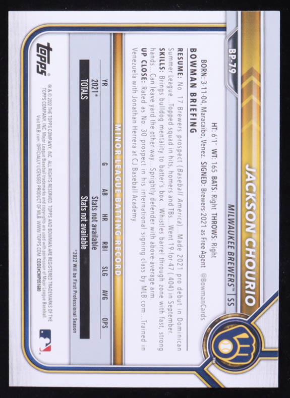 Jackson Chourio 2022 Bowman Prospects #BP79 RC at PristineAuction.com Jackson Chourio 2022 Bowman Prospects #BP79 RC at PristineAuction.com