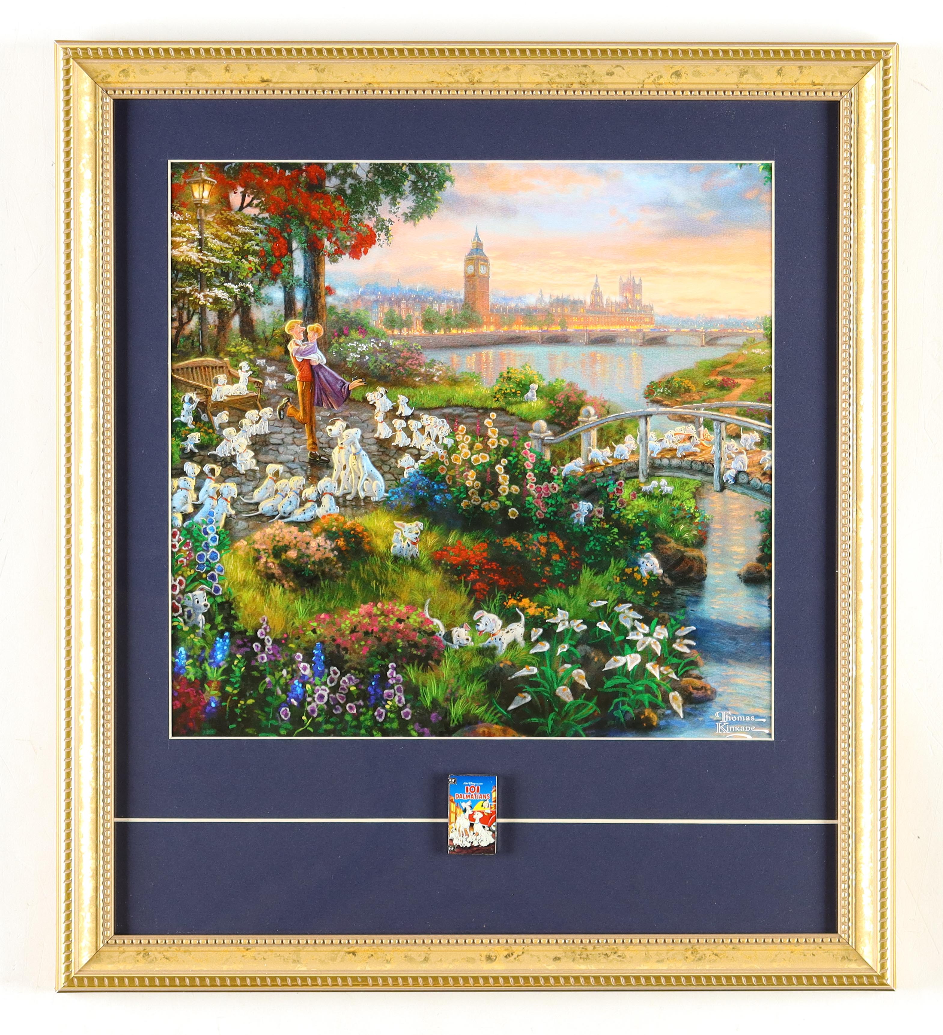 Thomas Kinkade "101 Dalmatians" Custom Framed Print Display With Hinged Book Pin at PristineAuction.com Thomas Kinkade "101 Dalmatians" Custom Framed Print Display With Hinged Book Pin at PristineAuction.com