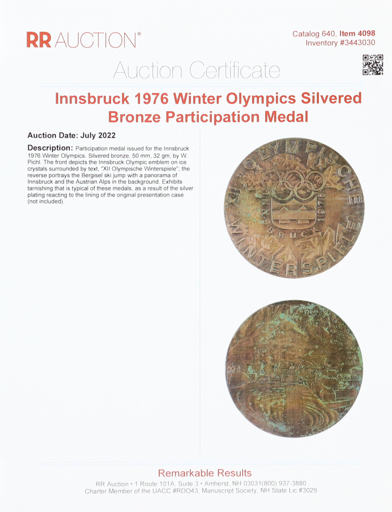 Innsbruck 1976 Winter Olympics Silvered Bronze Participation Medal (RR