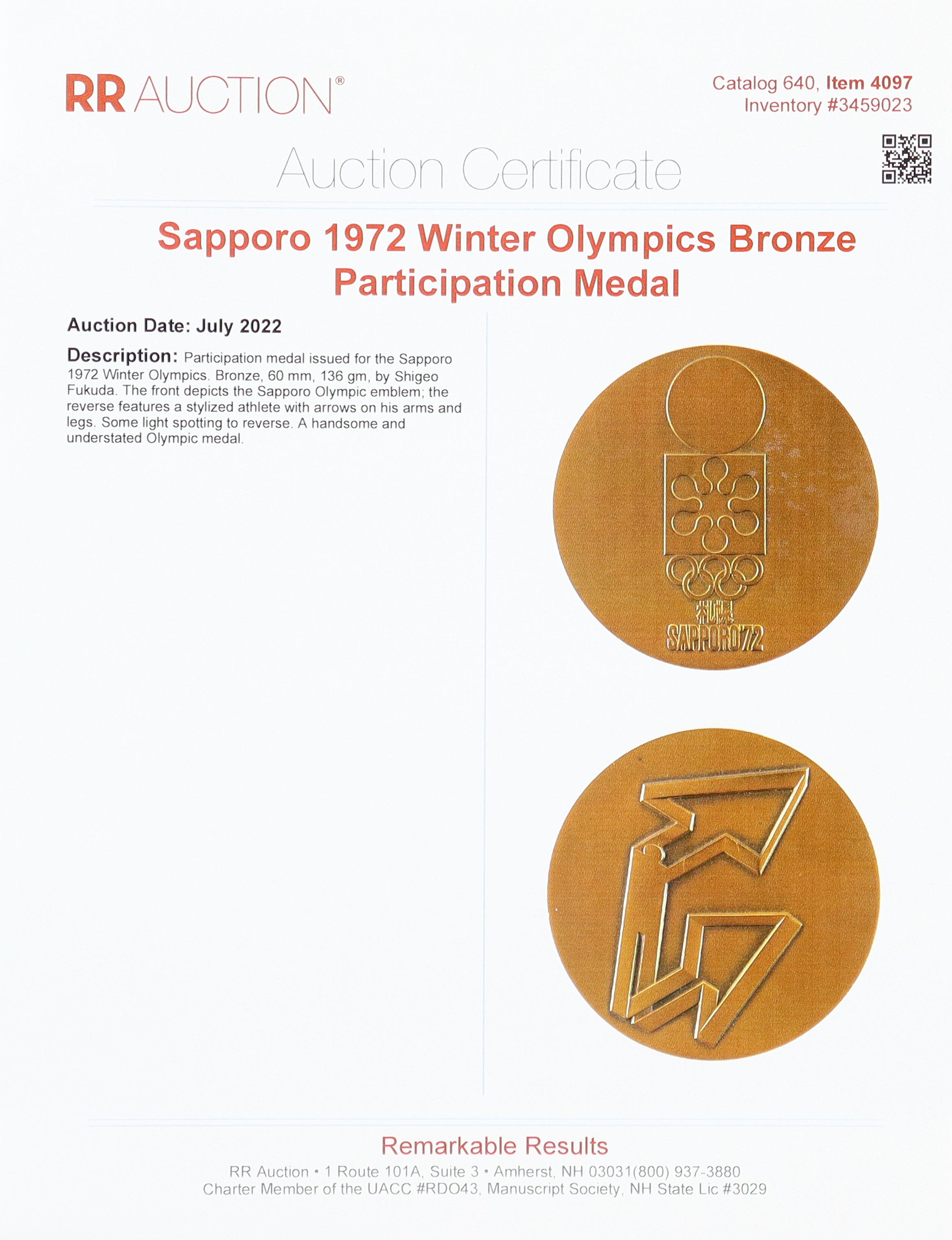 Sapporo 1972 Winter Olympics Bronze Participation Medal (RR Auction) at PristineAuction.com Sapporo 1972 Winter Olympics Bronze Participation Medal (RR Auction) at PristineAuction.com