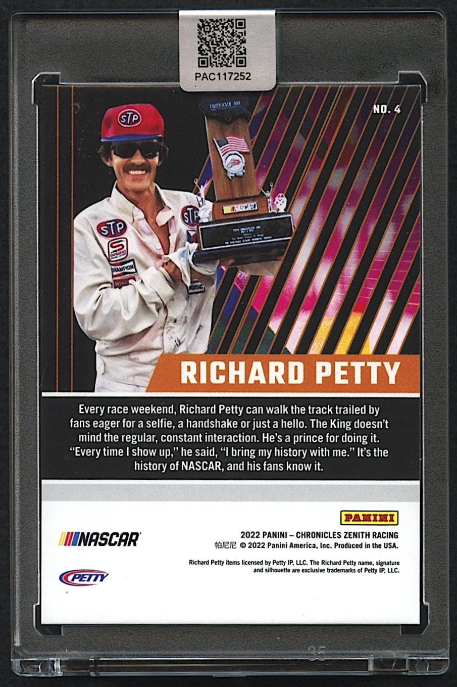 Richard Petty Signed 2022 Panini Chronicles Zenith #4 (PA Encapsulated) at PristineAuction.com Richard Petty Signed 2022 Panini Chronicles Zenith #4 (PA Encapsulated) at PristineAuction.com