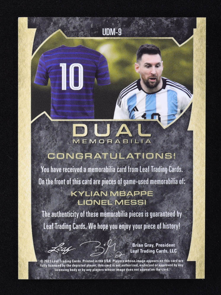 Kylian Mbappe / Lionel Messi 2023 Leaf Ultimate Soccer Dual Memorabilia Purple Relic #UDM9 #1/1 at PristineAuction.com Kylian Mbappe / Lionel Messi 2023 Leaf Ultimate Soccer Dual Memorabilia Purple Relic #UDM9 #1/1 at PristineAuction.com