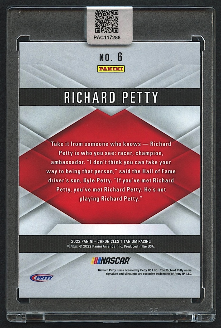 Richard Petty Signed 2022 Panini Chronicles Titanium #6 (PA Encapsulated) at PristineAuction.com Richard Petty Signed 2022 Panini Chronicles Titanium #6 (PA Encapsulated) at PristineAuction.com