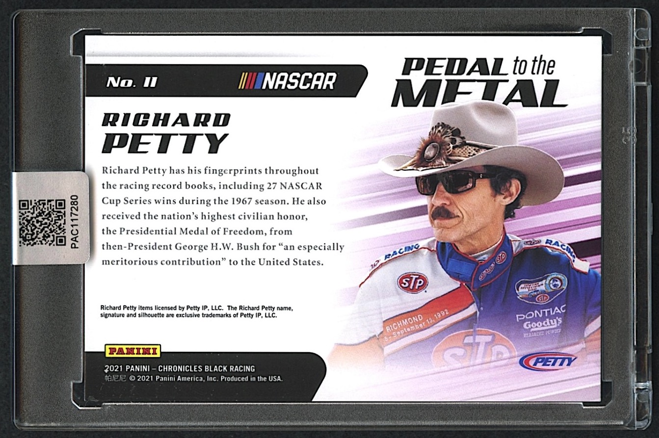 Richard Petty Signed 2021 Panini Chronicles Victory Pedal to the Metal #11 (PA Encapsulated) at PristineAuction.com Richard Petty Signed 2021 Panini Chronicles Victory Pedal to the Metal #11 (PA Encapsulated) at PristineAuction.com