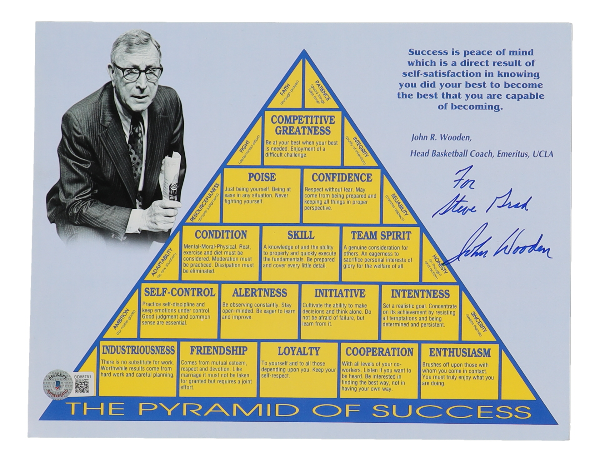 John Wooden Signed "The Pyramid of Success" 8.5x11 Photo (Beckett) at PristineAuction.com John Wooden Signed "The Pyramid of Success" 8.5x11 Photo (Beckett) at PristineAuction.com