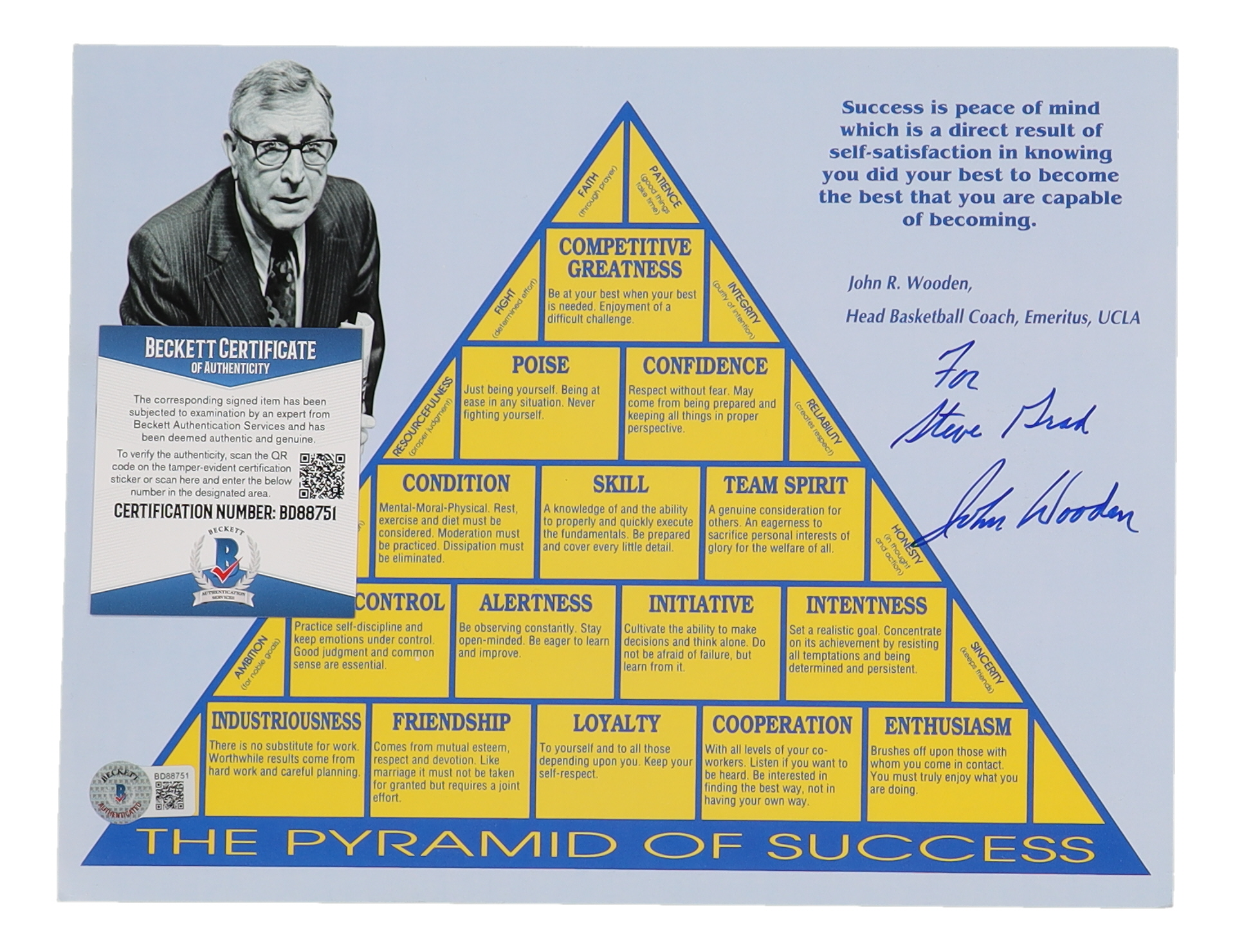 John Wooden Signed "The Pyramid of Success" 8.5x11 Photo (Beckett) at PristineAuction.com John Wooden Signed "The Pyramid of Success" 8.5x11 Photo (Beckett) at PristineAuction.com