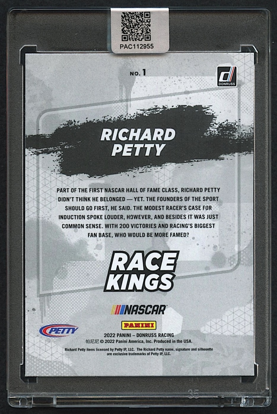 Richard Petty Signed 2022 Donruss #1 Race Kings (PA Encapsulated) at PristineAuction.com Richard Petty Signed 2022 Donruss #1 Race Kings (PA Encapsulated) at PristineAuction.com