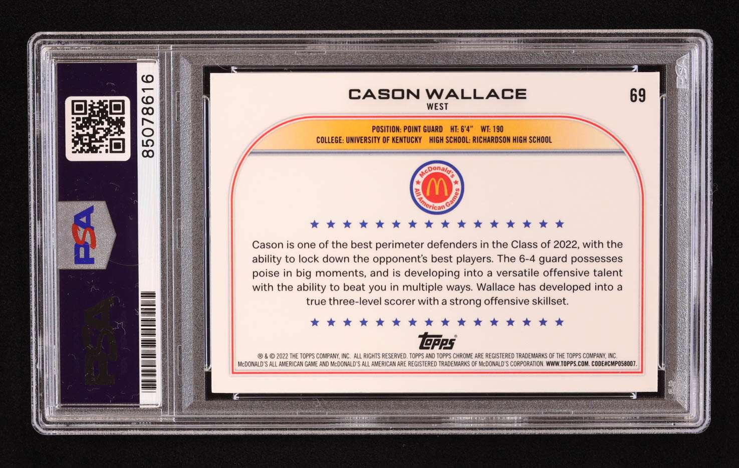 Cason Wallace Signed 2022 Topps Chrome McDonald's All American #69 (PSA) at PristineAuction.com Cason Wallace Signed 2022 Topps Chrome McDonald's All American #69 (PSA) at PristineAuction.com