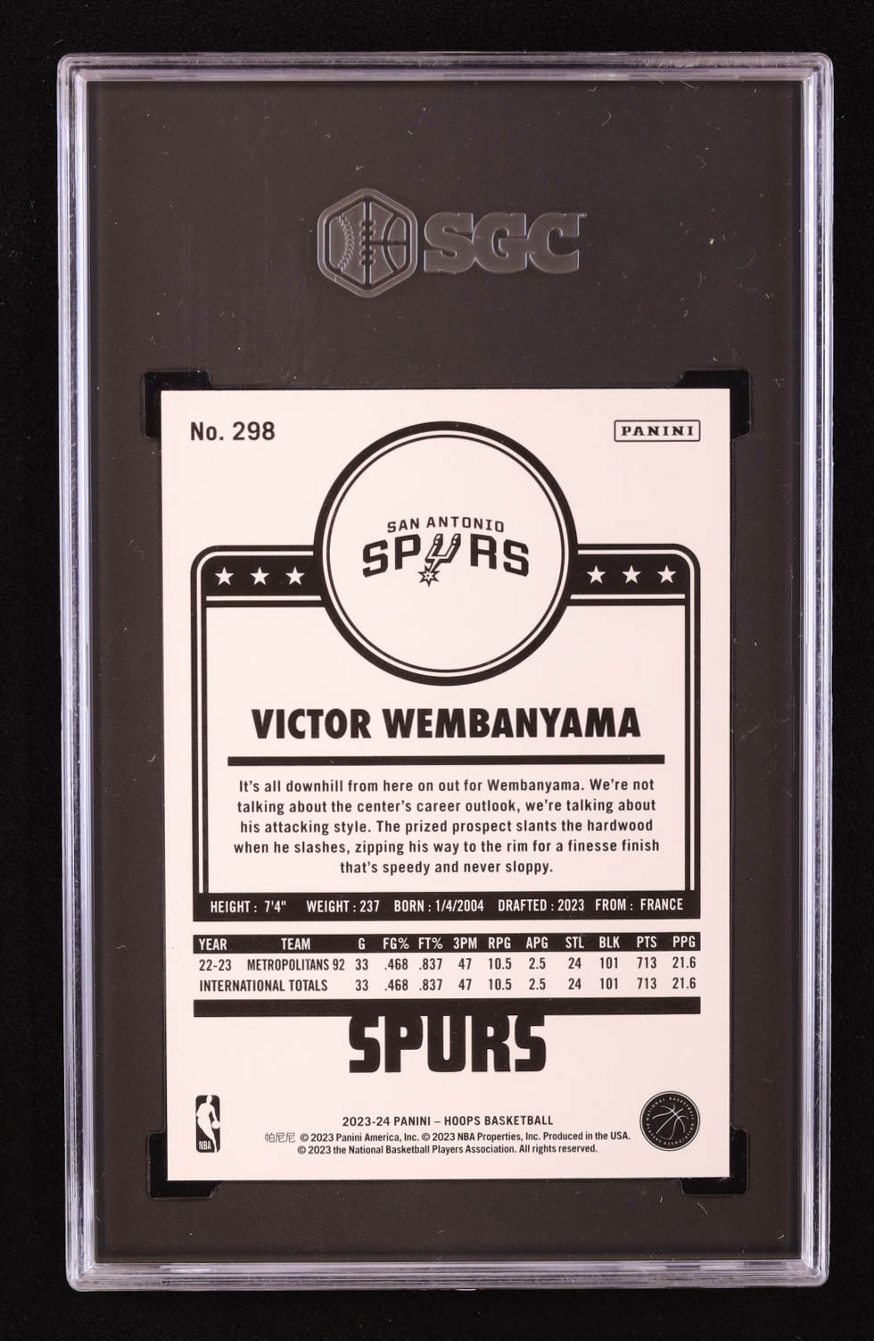 Victor Wembanyama 2023-24 Hoops #298 RC (SGC 10) at PristineAuction.com Victor Wembanyama 2023-24 Hoops #298 RC (SGC 10) at PristineAuction.com