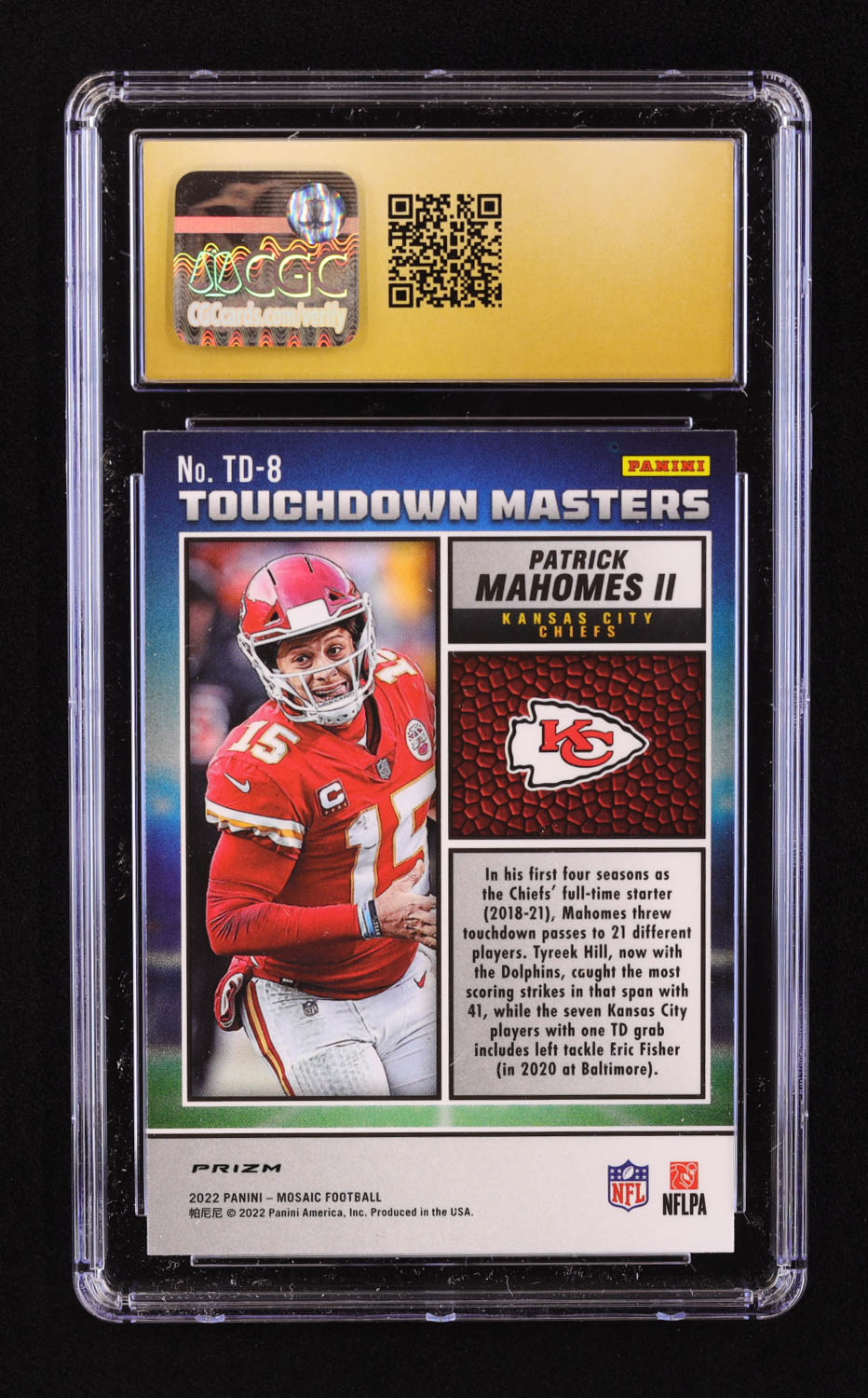 Patrick Mahomes II 2022 Panini Mosaic Touchdown Masters Mosaic #8 (CGC 10) at PristineAuction.com Patrick Mahomes II 2022 Panini Mosaic Touchdown Masters Mosaic #8 (CGC 10) at PristineAuction.com