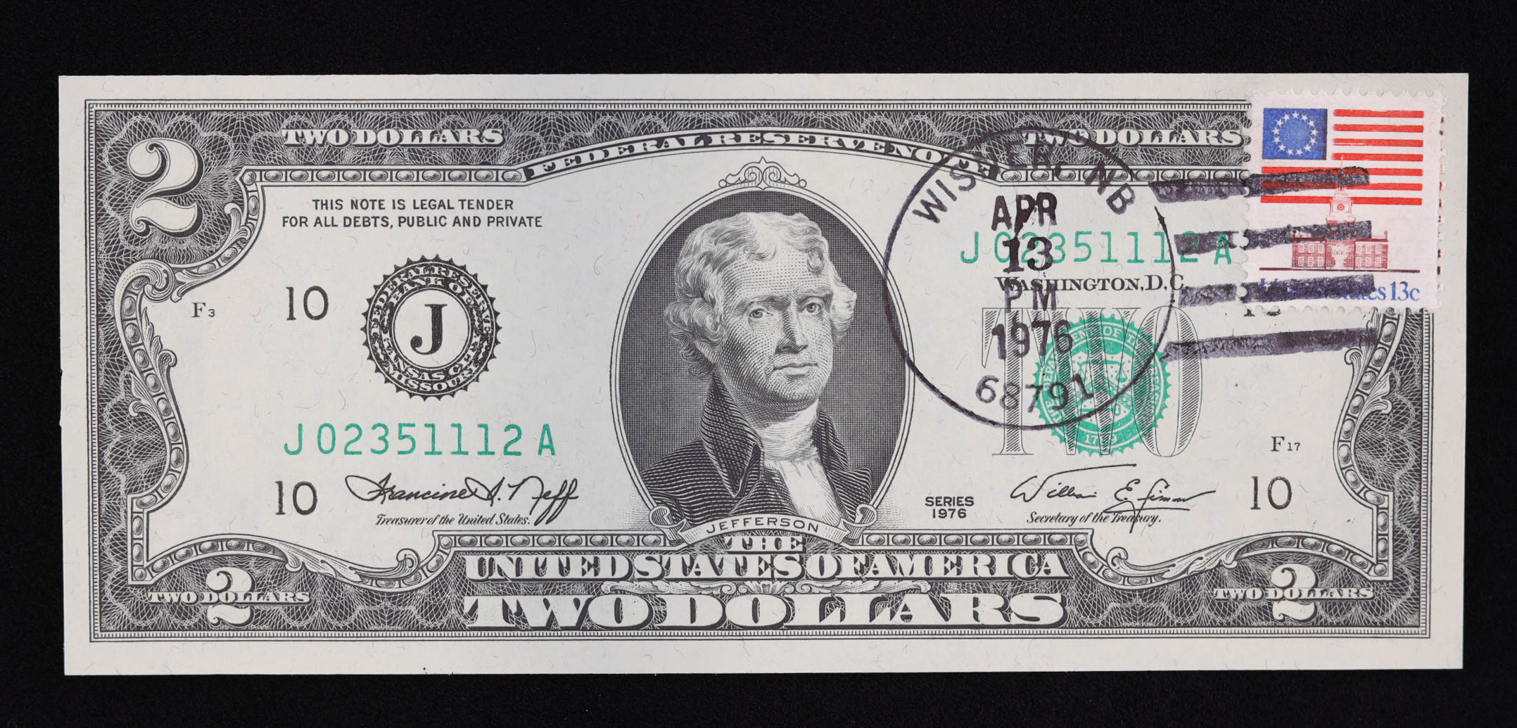 1976 United States Legal Tender $2 Two Dollar Bank Note with Postage Stamp at PristineAuction.com 1976 United States Legal Tender $2 Two Dollar Bank Note with Postage Stamp at PristineAuction.com