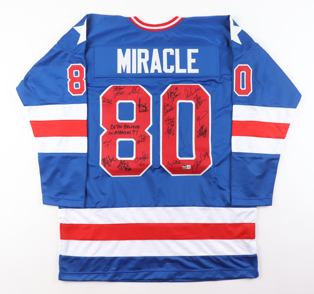 1980 Team USA Hockey "Miracle on Ice" Jersey Signed by (19) with Mike Eruzione, Jim Craig, Ken Morrow & Buzz Schneider Inscribed "Do You Believe In Miracles?!" (Beckett) at PristineAuction.com 1980 Team USA Hockey "Miracle on Ice" Jersey Signed by (19) with Mike Eruzione, Jim Craig, Ken Morrow & Buzz Schneider Inscribed "Do You Believe In Miracles?!" (Beckett) at PristineAuction.com
