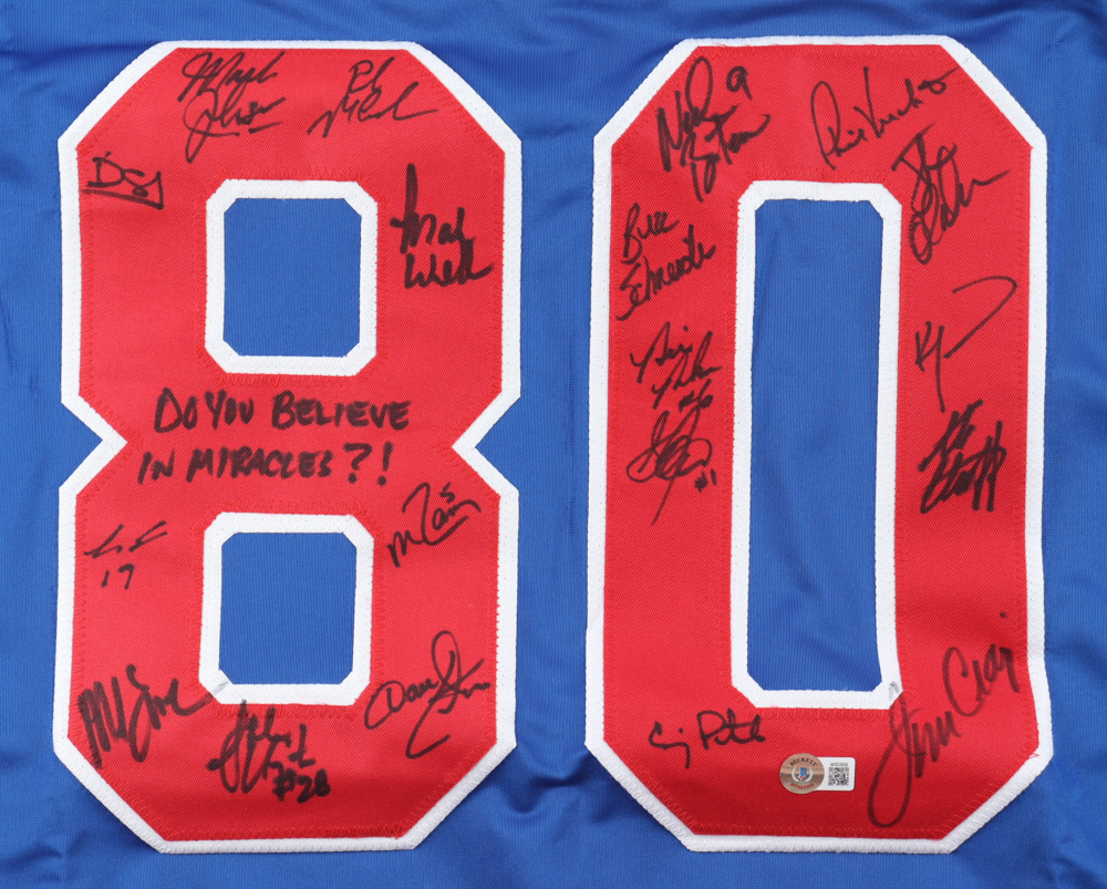 1980 Team USA Hockey "Miracle on Ice" Jersey Signed by (19) with Mike Eruzione, Jim Craig, Ken Morrow & Buzz Schneider Inscribed "Do You Believe In Miracles?!" (Beckett) at PristineAuction.com 1980 Team USA Hockey "Miracle on Ice" Jersey Signed by (19) with Mike Eruzione, Jim Craig, Ken Morrow & Buzz Schneider Inscribed "Do You Believe In Miracles?!" (Beckett) at PristineAuction.com