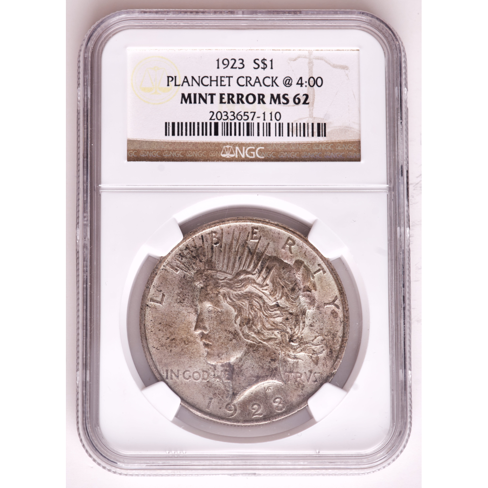 1923 Mint Error - Peace Silver Dollar, Planchet Crack At 4:00 (NGC MS62