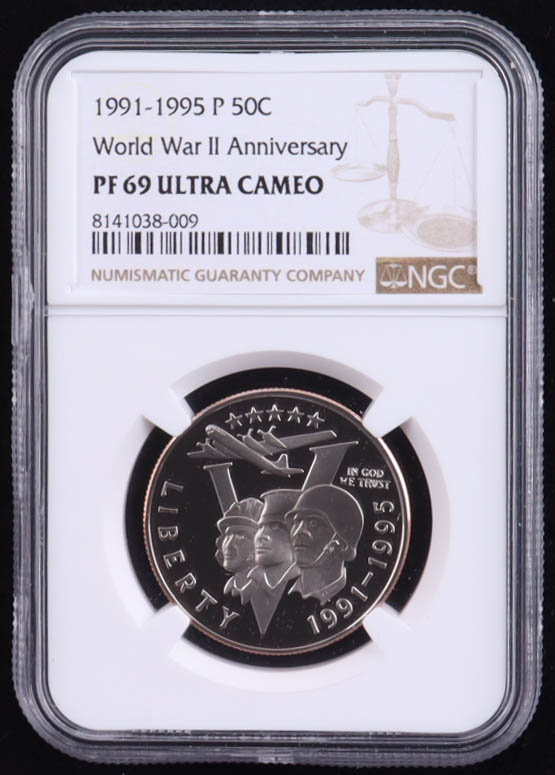 1991-1995 P World War II Anniversary Commemorative Half Dollar - Ultra Cameo Proof (NGC PF69) at PristineAuction.com 1991-1995 P World War II Anniversary Commemorative Half Dollar - Ultra Cameo Proof (NGC PF69) at PristineAuction.com
