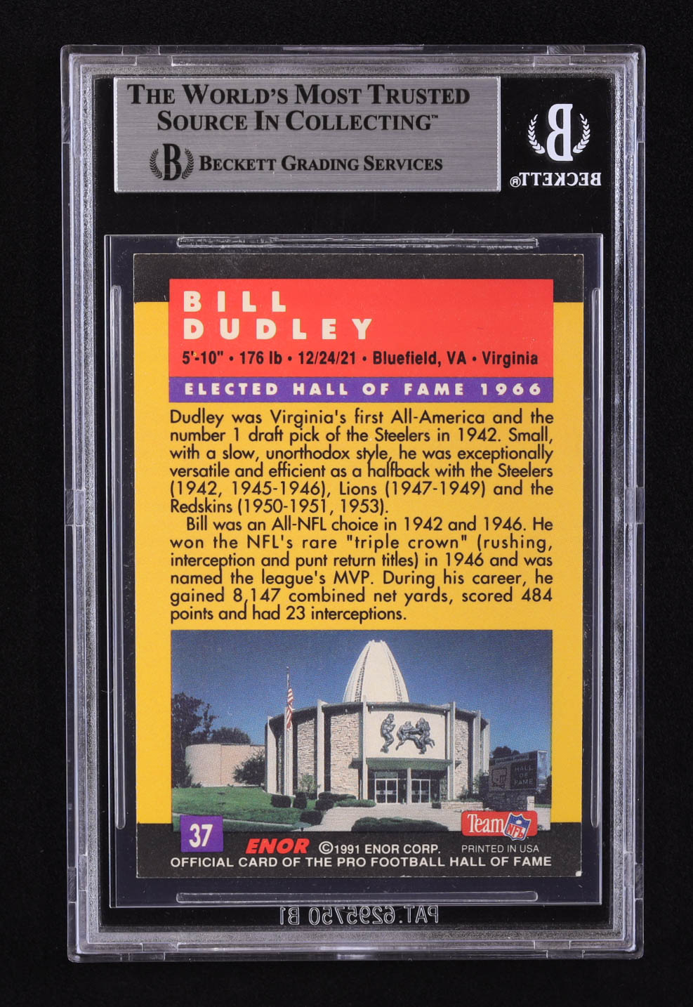 Bill Dudley Signed 1991 ENOR Pro Football HOF #37 (BGS) at PristineAuction.com Bill Dudley Signed 1991 ENOR Pro Football HOF #37 (BGS) at PristineAuction.com