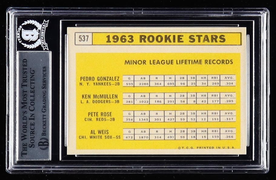 Pete Rose Signed 1963 Topps #537 Rookie Stars RC Reprint (BGS) at PristineAuction.com Pete Rose Signed 1963 Topps #537 Rookie Stars RC Reprint (BGS) at PristineAuction.com