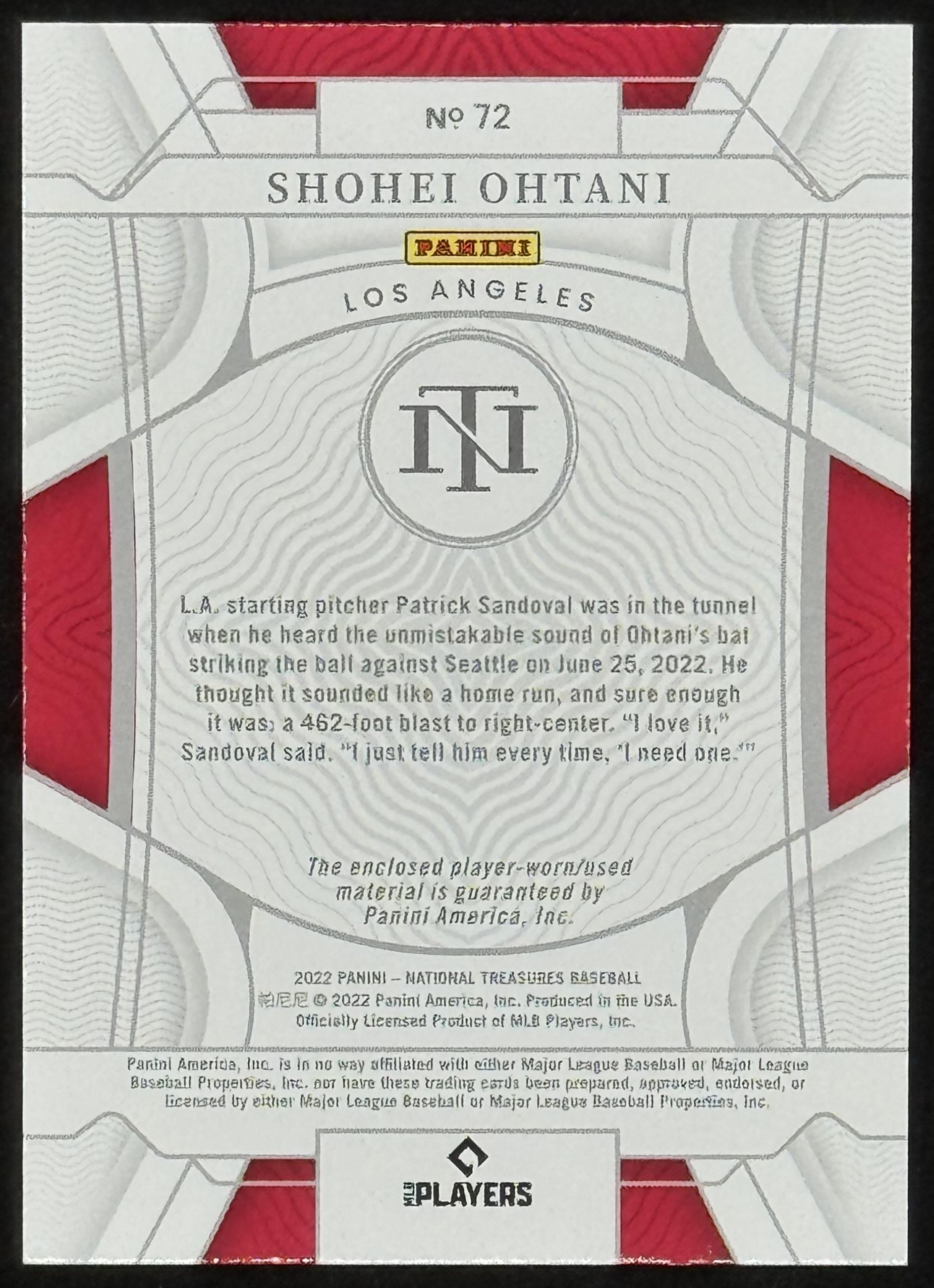 Shohei Ohtani 2022 Panini National Treasures Jersey #72 #87/99 at PristineAuction.com Shohei Ohtani 2022 Panini National Treasures Jersey #72 #87/99 at PristineAuction.com