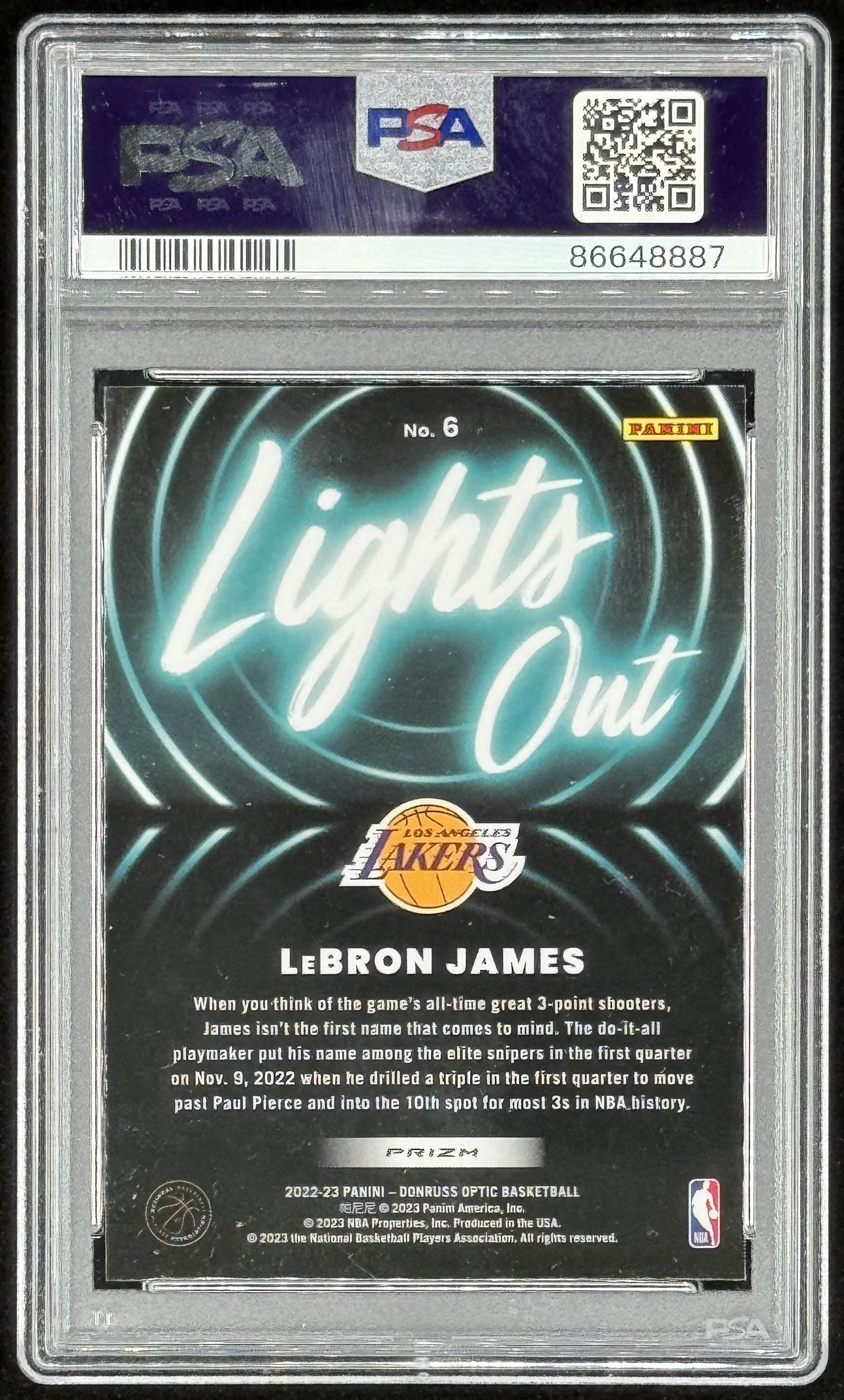 LeBron James 2022-23 Donruss Optic Lights Out Holo #6 (PSA 10) at PristineAuction.com LeBron James 2022-23 Donruss Optic Lights Out Holo #6 (PSA 10) at PristineAuction.com