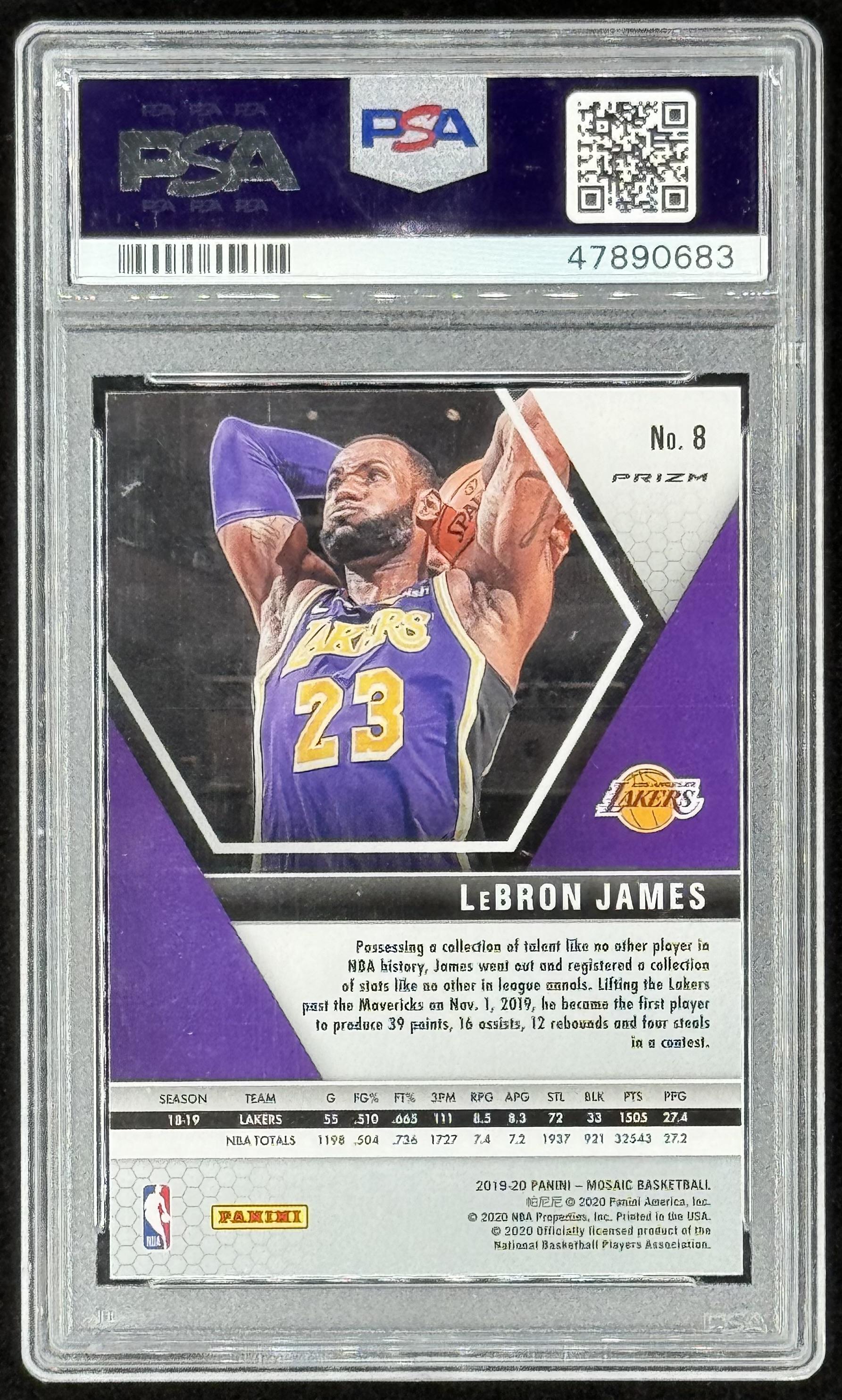 LeBron James 2019-20 Panini Mosaic Mosaic Orange Reactive #8 (PSA 10) at PristineAuction.com LeBron James 2019-20 Panini Mosaic Mosaic Orange Reactive #8 (PSA 10) at PristineAuction.com