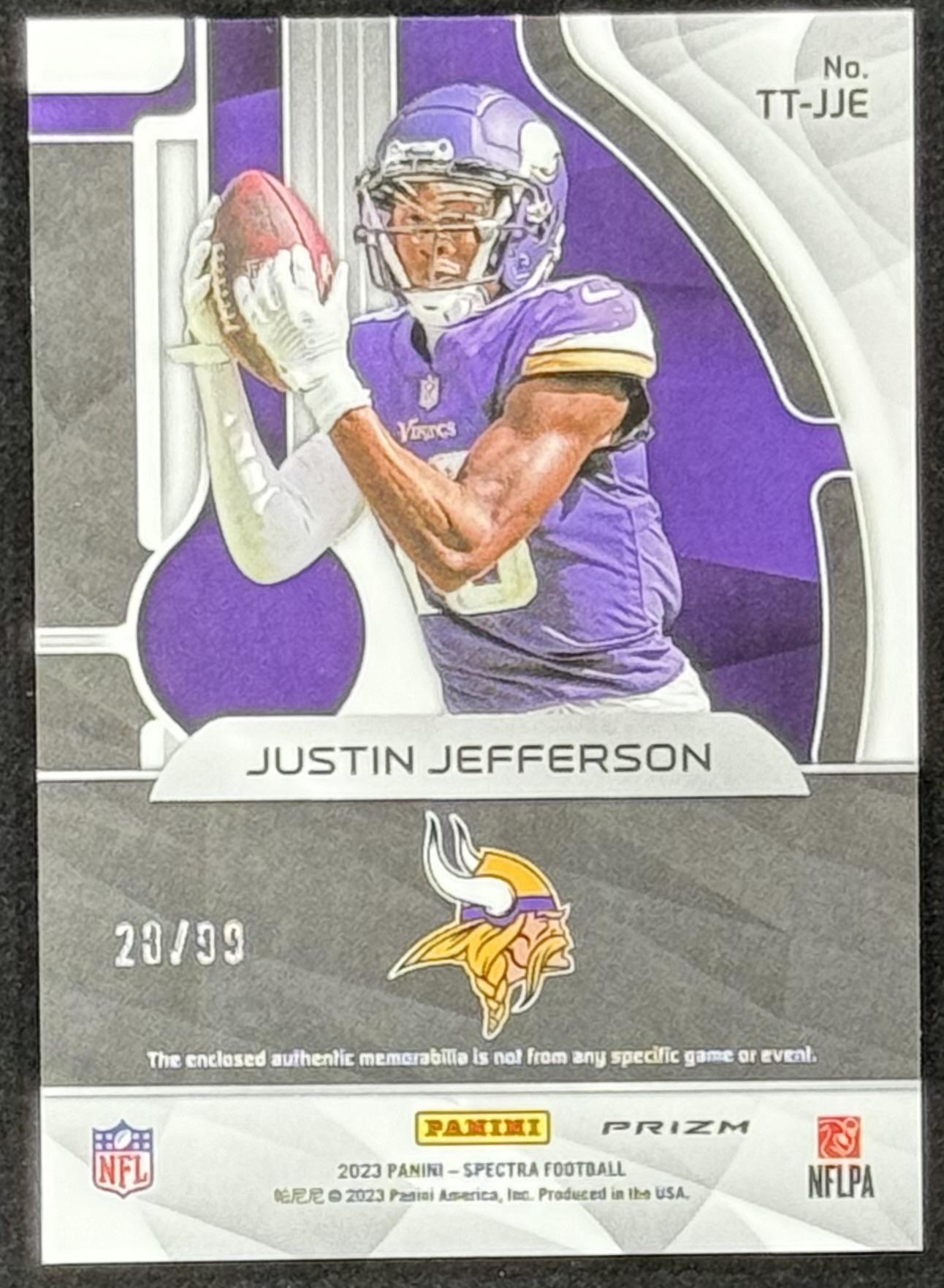 Justin Jefferson 2023 Panini Spectra Triple Threats Materials #24 #28/99 at PristineAuction.com Justin Jefferson 2023 Panini Spectra Triple Threats Materials #24 #28/99 at PristineAuction.com