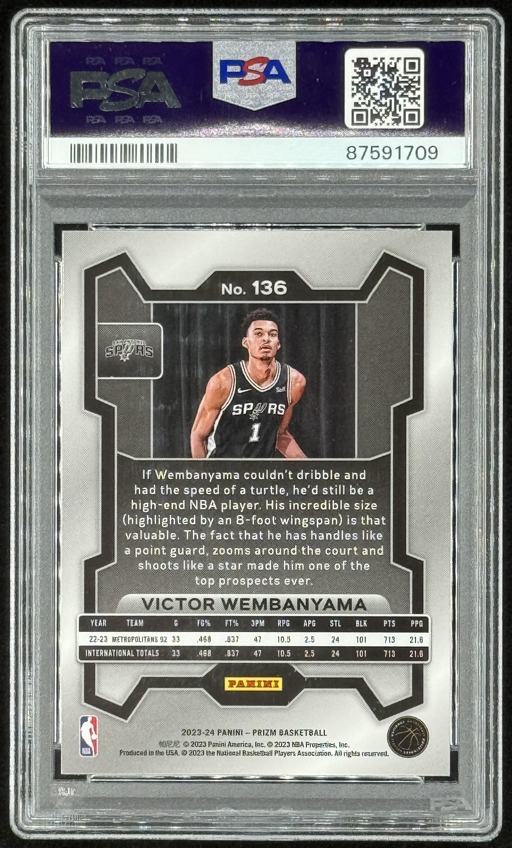 Victor Wembanyama 2023-24 Panini Prizm #136 RC (PSA 10) at PristineAuction.com Victor Wembanyama 2023-24 Panini Prizm #136 RC (PSA 10) at PristineAuction.com