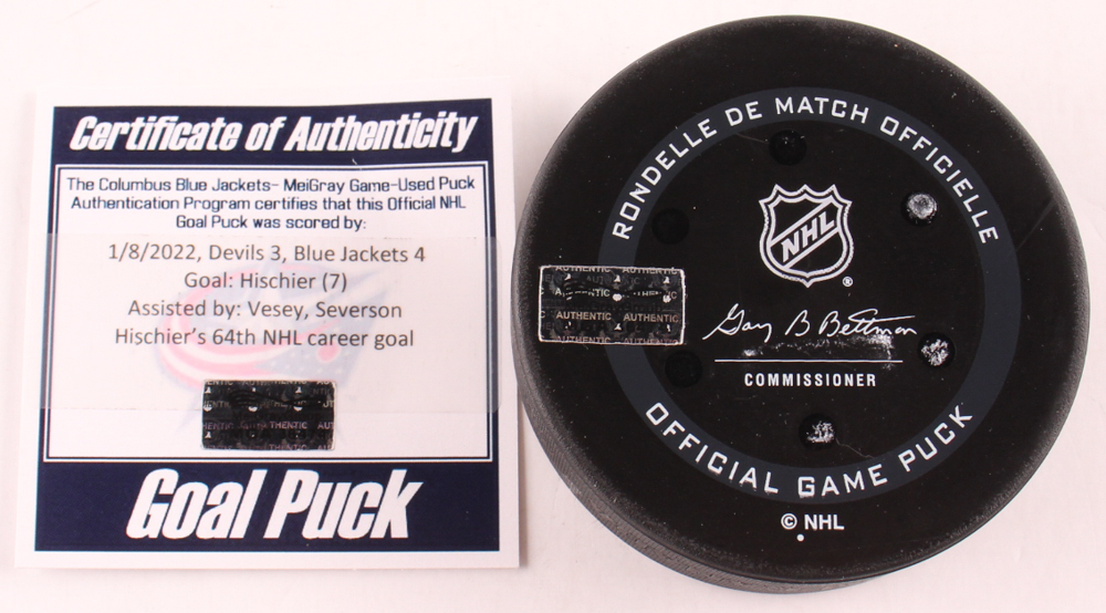 Nico Hischier "Blue Jackets" Game-Used/Goal Scored 64th Career Goal Puck (MeiGray) at PristineAuction.com Nico Hischier "Blue Jackets" Game-Used/Goal Scored 64th Career Goal Puck (MeiGray) at PristineAuction.com