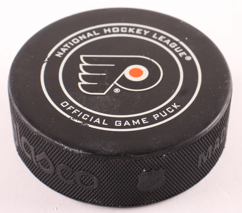 Travis Sanheim "Flyers" Game-Used/Goal Scored 6th Career Goal Puck (MeiGray) at PristineAuction.com Travis Sanheim "Flyers" Game-Used/Goal Scored 6th Career Goal Puck (MeiGray) at PristineAuction.com