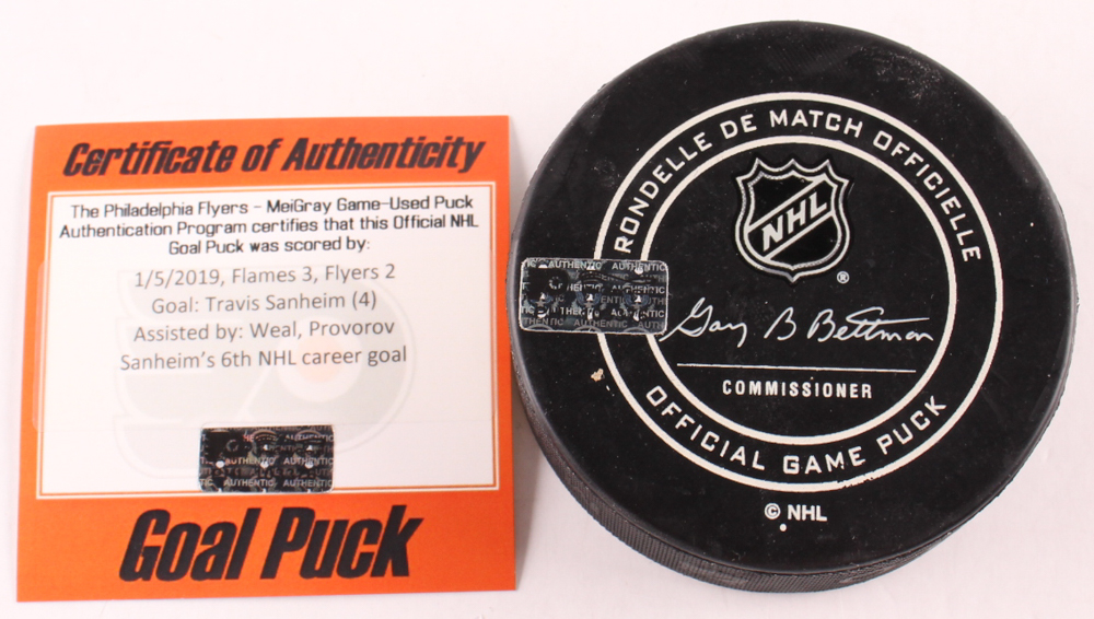 Travis Sanheim "Flyers" Game-Used/Goal Scored 6th Career Goal Puck (MeiGray) at PristineAuction.com Travis Sanheim "Flyers" Game-Used/Goal Scored 6th Career Goal Puck (MeiGray) at PristineAuction.com